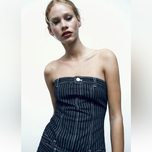 ZARA NEW WOMAN OFF-SHOULDER TRF DENIM TOP WITH STRIPES MEDIUM 5252/009/133/15 - Picture 3 of 9